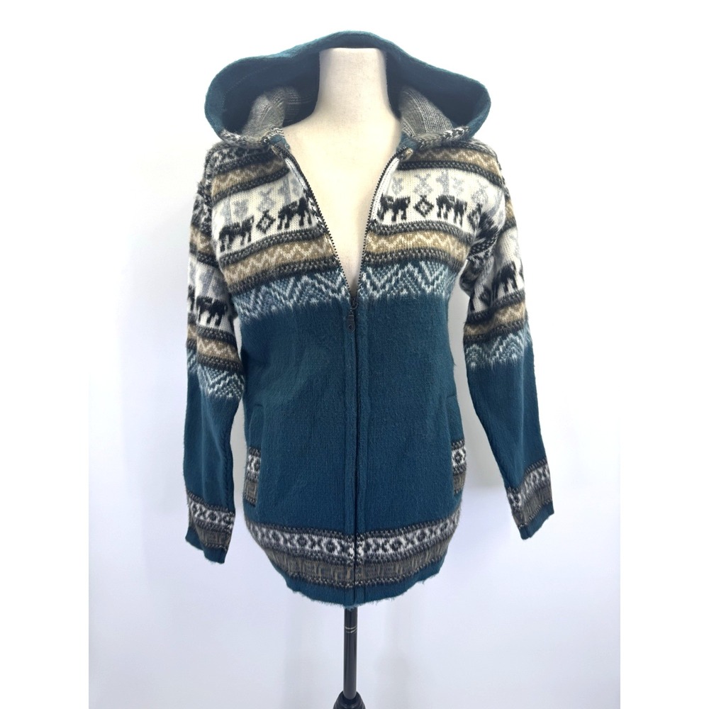 VTG Artesanias Elephant Wool Alpaca Knit Hooded Pocket Full Zip Sweater S Boho